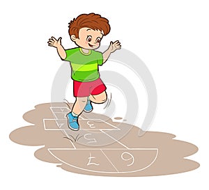 A little European boy in a green T-shirt is jumping while playing hopscotch. Vector illustration in cartoon style