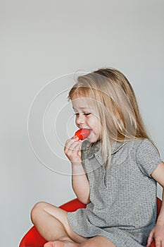 A little European girl is sitting on a red chair and eating a juicy large strawberry. gray background