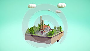 Little factory with 2 chimneys surrounded by trees with fluffy stylized clouds
