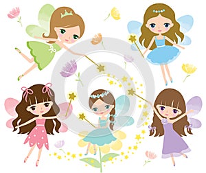 Little fairies in colorful dress with watercolor wings, magic wand and flowers Vector