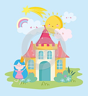 Little fairy with crown castle rainbow sun clouds tale cartoon