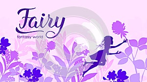 Little fairy flies in the grass among the flowers concept. Creatures in fantasy worlds vector illustration design