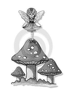 Little Fairy Girl on Toadstools, Original Pencil Art