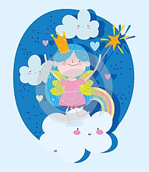 Little fairy princess tale cartoon fantasy magic wand on clouds rainbow