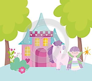 Little fairy princess unicorn castle magic fantasy tale cartoon