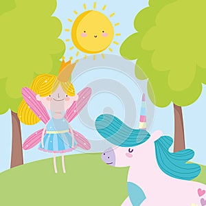 Little fairy princess and unicorn forest trees tale cartoon