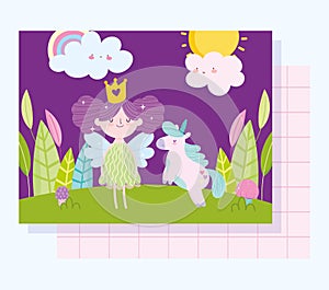 Little fairy princess with unicorn tale cartoon clouds forest