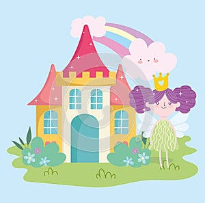 Little fairy princess with wings castle rainbow clouds garden tale cartoon