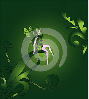 Illustrata fantasia fata seduta su una foglia verde.