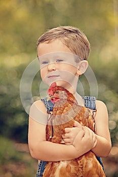 Little farm boy holding red chicken