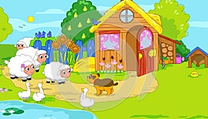 Little farm with cute animals. Cartoon illustratio