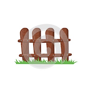 Little farm fence made of brown planks. Bright green grass. Wooden fencing knocked with nails. Cartoon icon. Colorful