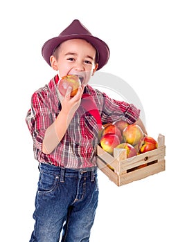 Little farmer boy tasting good apple