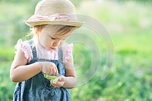 Little farmer child - lovely girl with picked vegetables