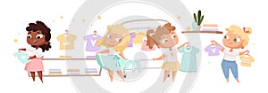 Little fashionistas. Cute girls choose clothes, try on dresses and T-shirts. Young ladies play in store vector photo