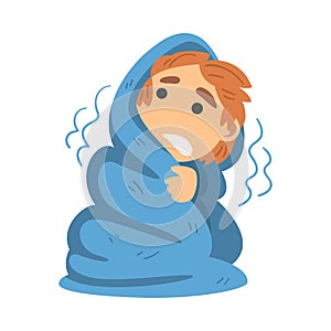 Little Fearful Boy Covered with Blanket Trembling with Fear Afraid of Something Vector Illustration