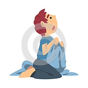 Little Fearful Boy Sitting and Trembling with Fear Afraid of Something Vector Illustration