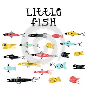 Little fish - Summer kids poster with a set of fish cut out of paper and hand dtawn lettering. Vector illustration