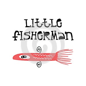 Little fisherman - Summer kids poster with a fish cut out of paper and hand drawn lettering. Vector illustration