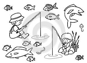 Little fishermans - black and white illustration.