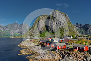 The little fishermen village with red houses of Hamnoy, in the Lofoten Islands,  Norway