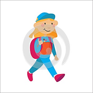 Little flat girl with rucksuck walking isolated on background. Vector character illustration in bright colors.