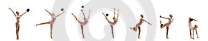 Little flexible girl isolated on white studio background. Little female rhythmic gymnastics artist in bright leotard