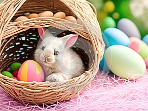 Little fluffy bunny and colorful eggs in basket. Easter greeting card. CopySpace. Generative AI