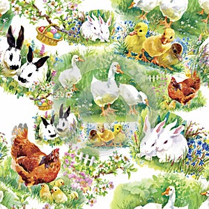 Little fluffy cute watercolor ducklings, chickens and hares with eggs seamless pattern on white background vector illustration photo