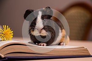 Little fluffy guinea pig with yellow flower.