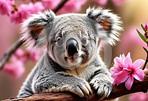 Little fluffy koala sitting on branch with pink flowers. Generative AI
