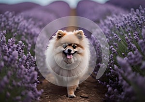 Little fluffy pomeranian dog in a hot summer with lavender field.