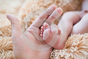 Little foot in hand. Father holding the legs of a newborn in his hands. Mom cares for the baby after taking a bath. Parents to