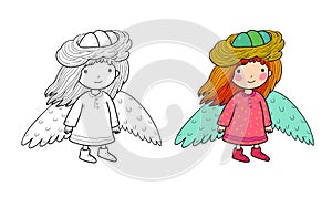 Little forest fairy. Cute funny girl with wings. forest angel. Illustration for coloring books. Monochrome and colored versions
