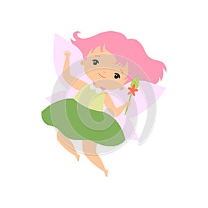 Little Forest Fairy with Magic Wand, Lovely Fairy Girl Cartoon Character with Pink Hair and Wings Vector Illustration