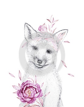 Little Fox. Animal Pencil Draw. Pink Watercolor flowers dÃÂ©cor. Adorable Forest friends photo