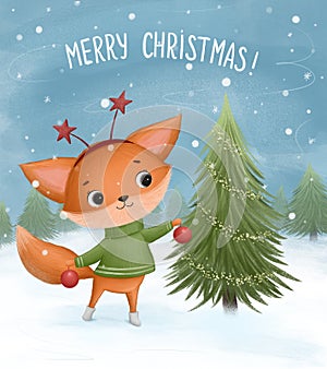 Little fox decorates a Christmas tree