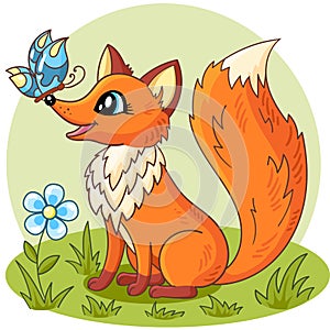 A little fox plays with a butterfly. Vector illustration