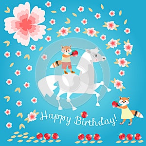Little foxes with strawberry and funny horse on beautiful floral background. Greeting card Happy birthday!