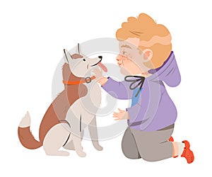 Little Freckled Boy Stroking and Petting His Dog Pet Vector Illustration
