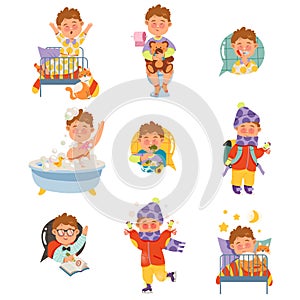 Little Freckled Boy Waking up, Bathing and Eating Breakfast Vector Set