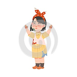 Little Freckled Girl in Blotted Clothing Standing with Smiley Drawn on Her Palms Vector Illustration