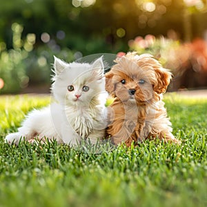 Little friends: white fluffy kitten and red fluffy puppy on green grass