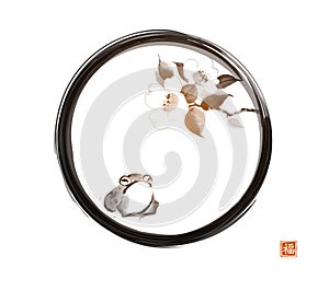 Little frog and camelia flowers in black enso zen circle on white background. Traditional oriental ink painting sumi-e