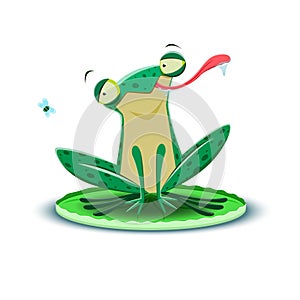 A little frog catches a fly. Vector illustration.