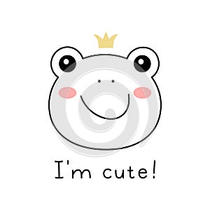 Little Frog face with crown in doodle style. Hand drawn illustration. Cute cartoon Toad head with lettering.