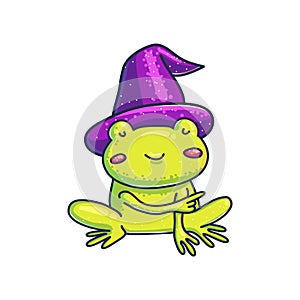 Little frog in witch hat pointing away