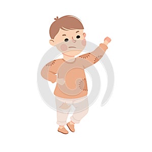 Little Frowning Boy in Theater Play Wearing Patched Costume Performing on Stage Vector Illustration