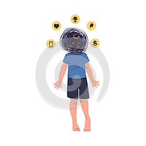 Little Frustrated Boy with Mess in His Head Having Problematic Communication with Parent Vector Illustration