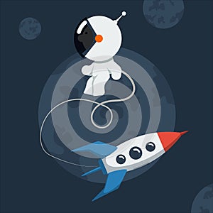 Little funny astronaut floated in space with rocket